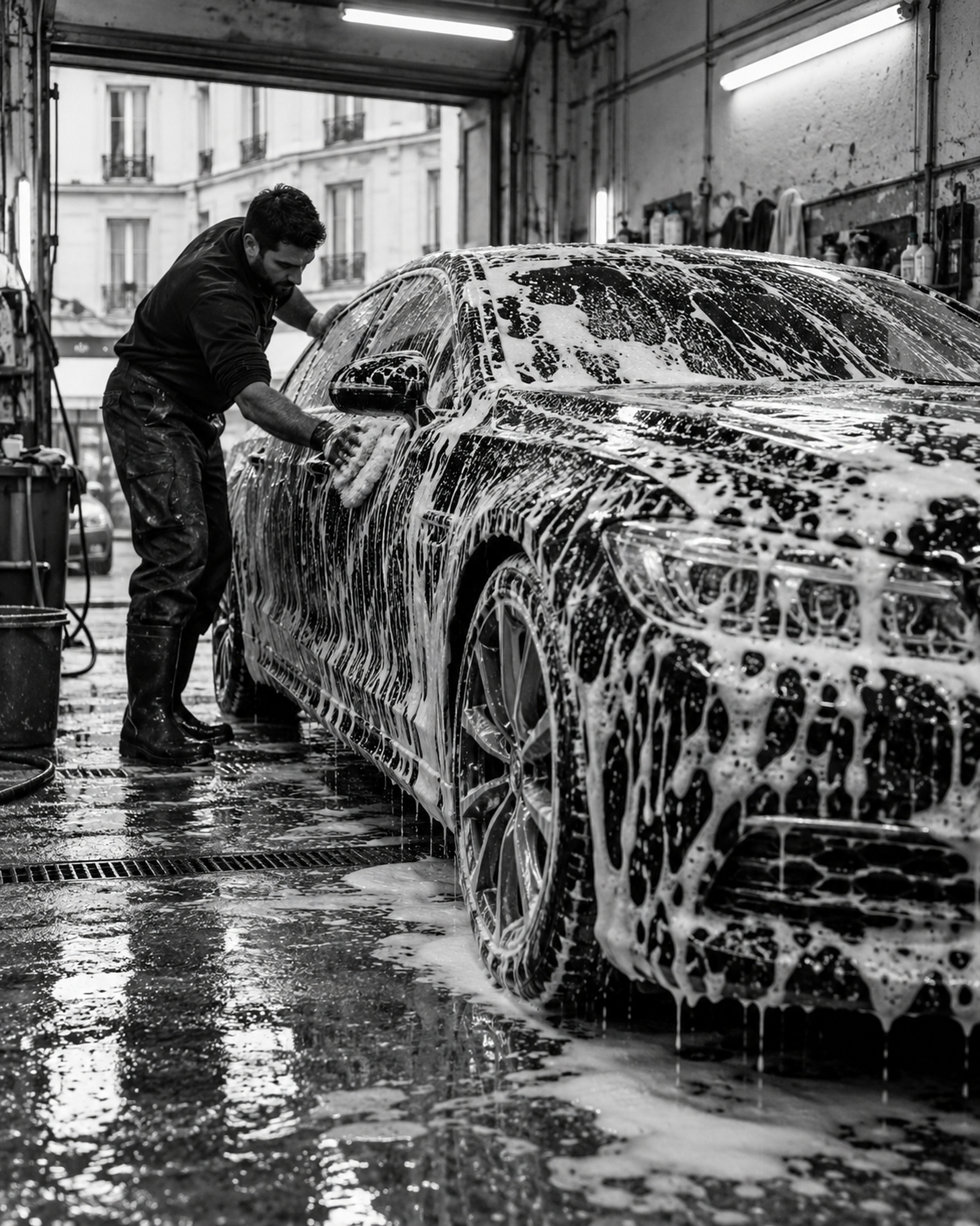 Lavage à la mousse dans l'atelier
